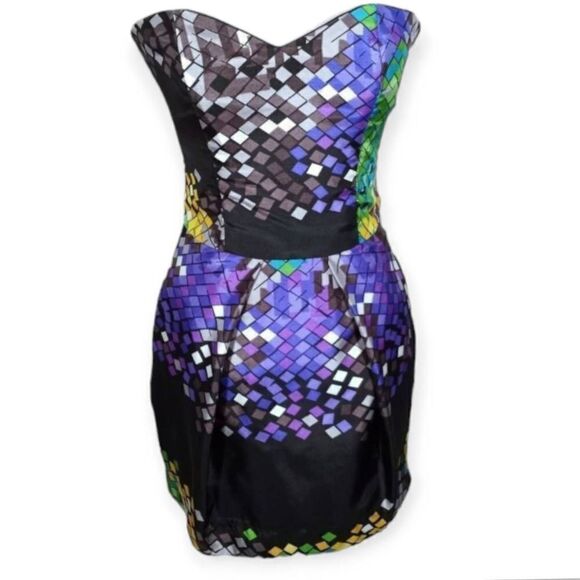 RUBBER DUCKY PURPLE, BLACK & YELLOW STRAPLESS DRESS W/POCKETS  SZ.S EUC. - Picture 1 of 6